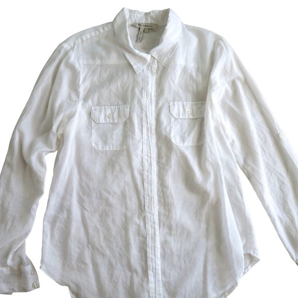 BCBG Sheer White Cotton Blouse Large Button Up Roll Tab Long Sleeves - Picture 5 of 9